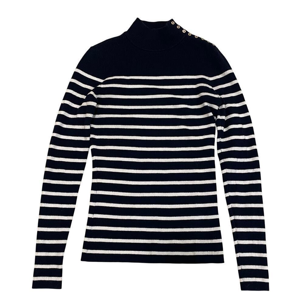 J.McLaughlin XS Breton Stripe Ribbed Knit Sweater | Gold Button Mock Neck
